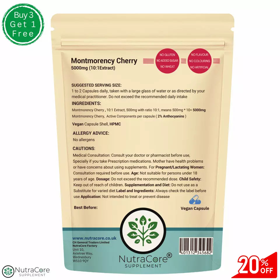 Montmorency Tart Cherry Capsule-5000mg-(2%Anthocyanins)-Muscle, Sport &Sleep Aid