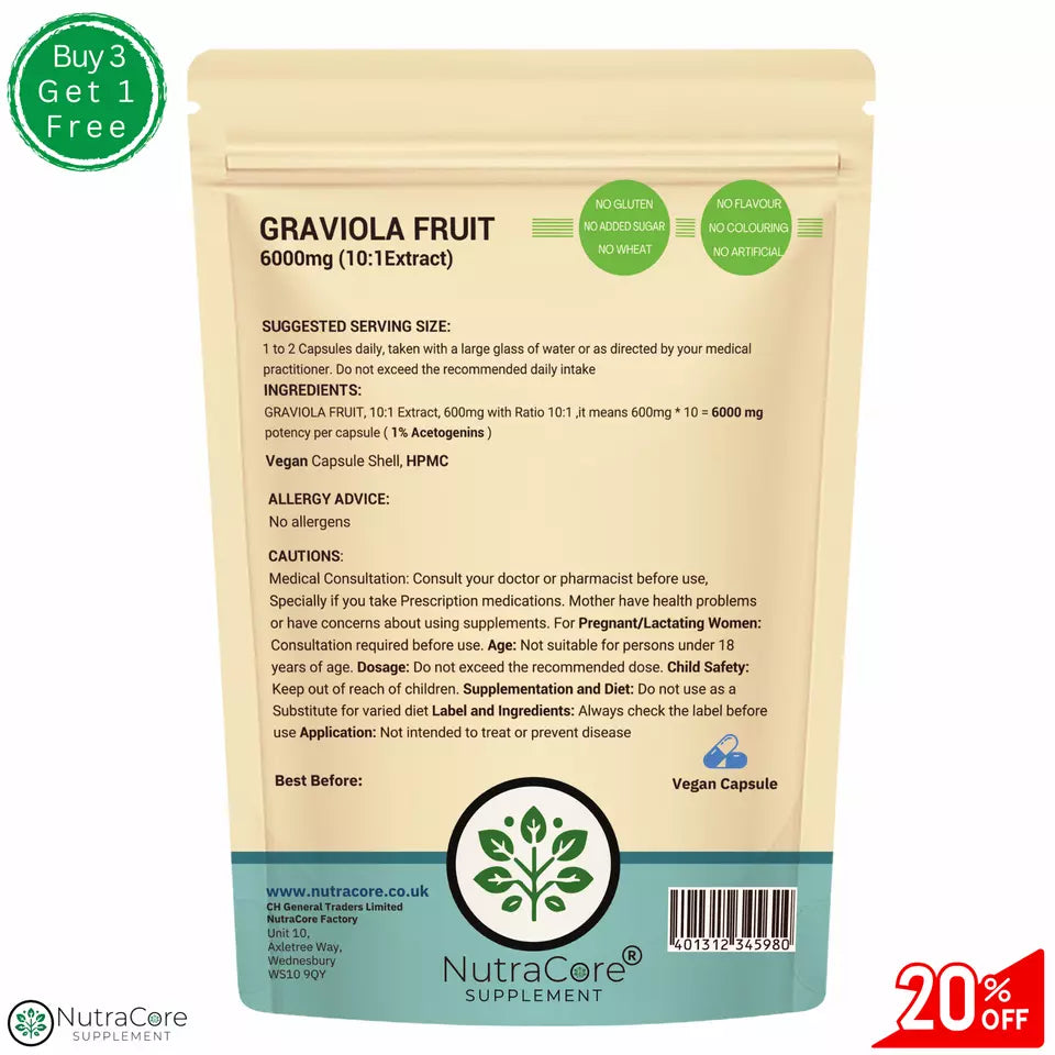 Graviola (Soursop) Fruit-6000mg Caps (1%Acetogenins), Antioxidant, Liver Support