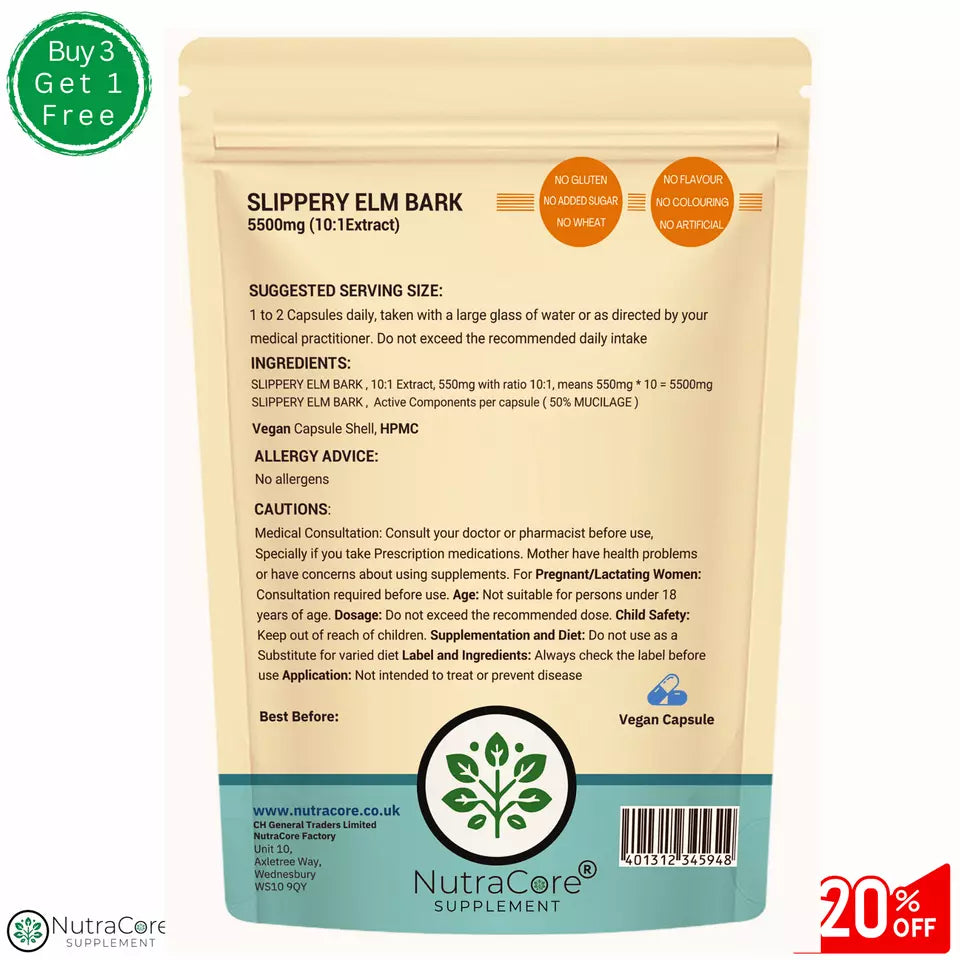 Slippery Elm Bark Capsules 5500mg (50% Mucilage)-100% Natural &Strong-Vegan Caps