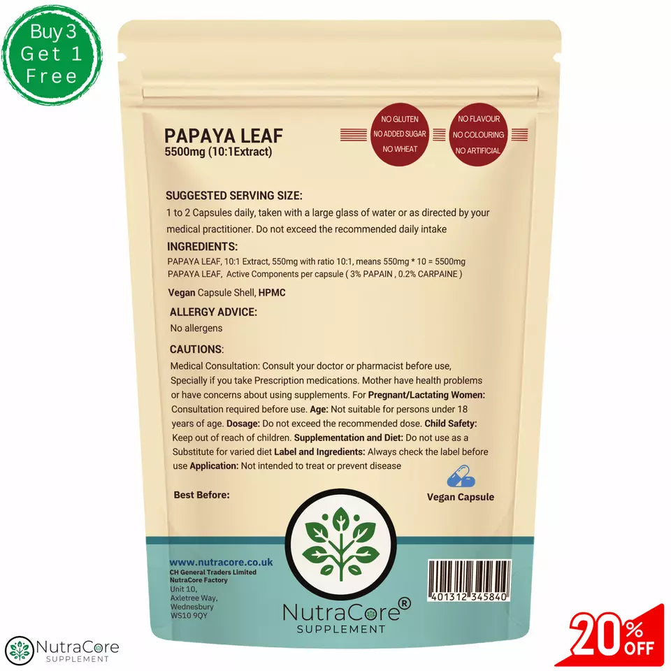 Papaya Leaf Extract Capsules 5500mg-(3% Papain, 0.2%Carpaine)-Vegan Capsule