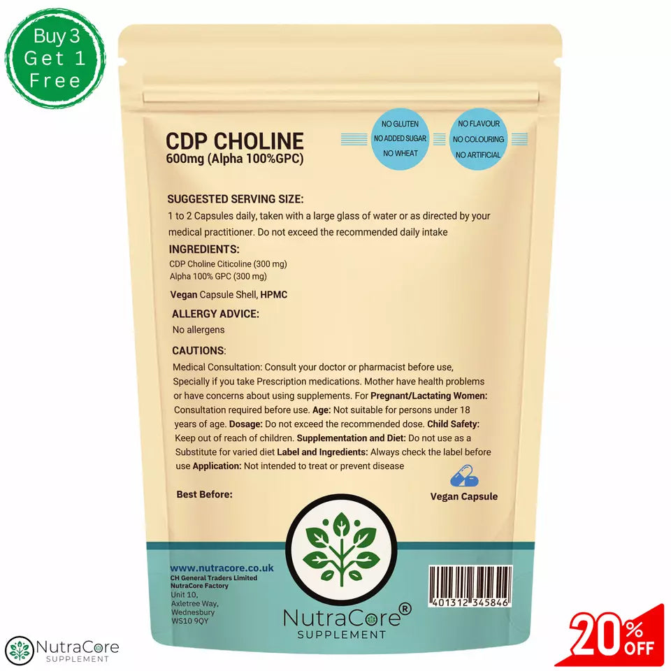 CDP Choline 600mg Alpha 100% GPC Capsules Natural Citicoline Supplement Vegan