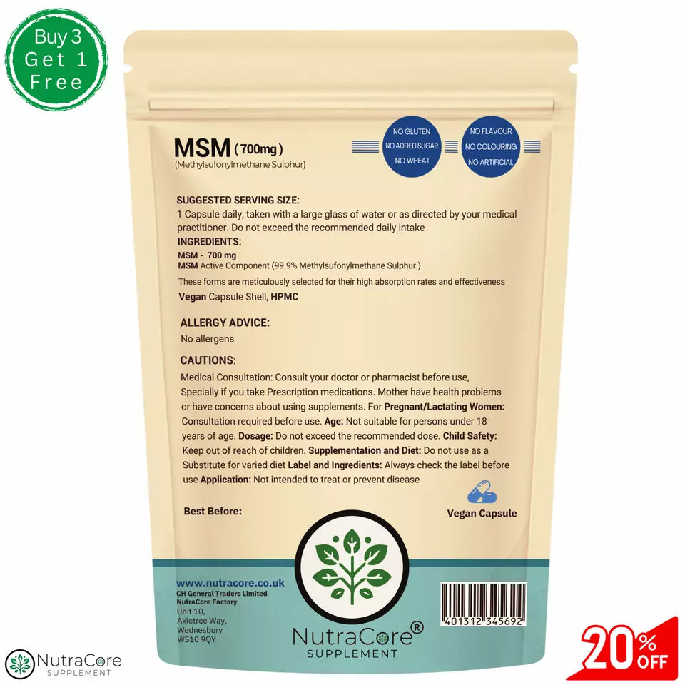 MSM Caps 700mg ( 99% Methylsufonylmethane Sulphur )-Joint Support & Bone Health