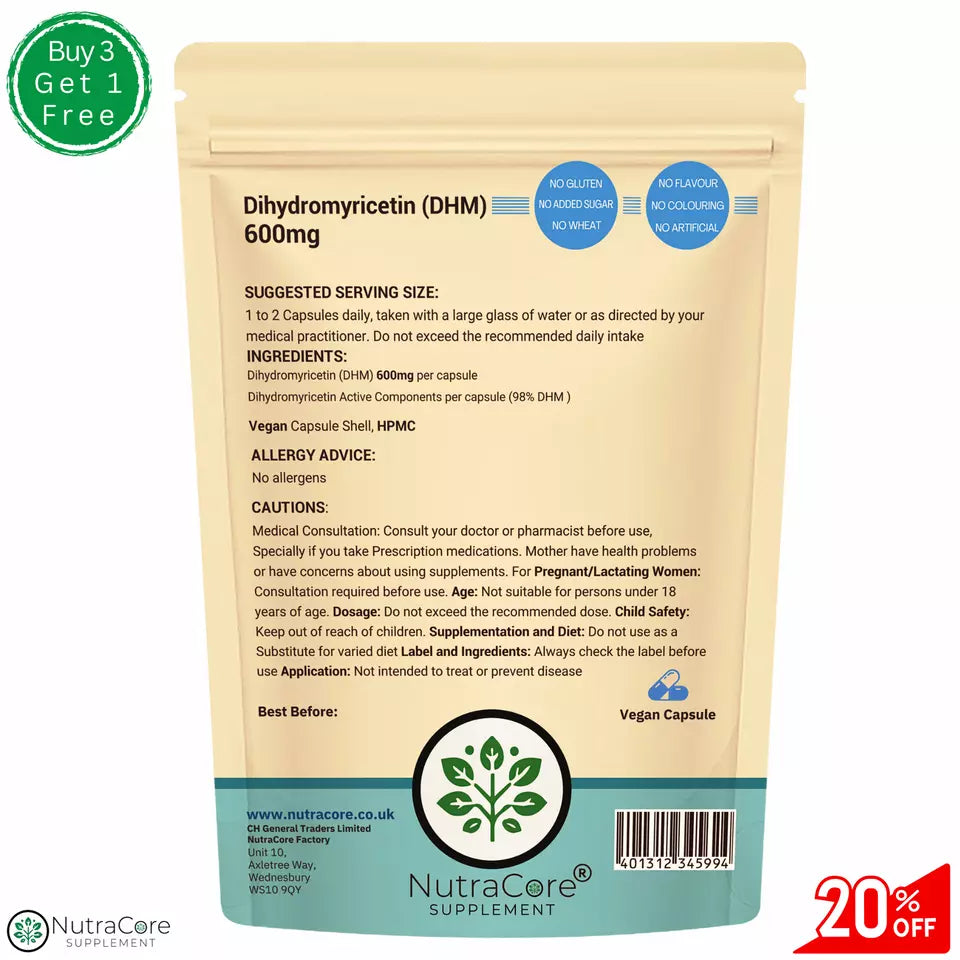 Dihydromyricetin (98%DHM) 600mg Capsules -(Pure Hovenia Dulcis)-Hangover Support