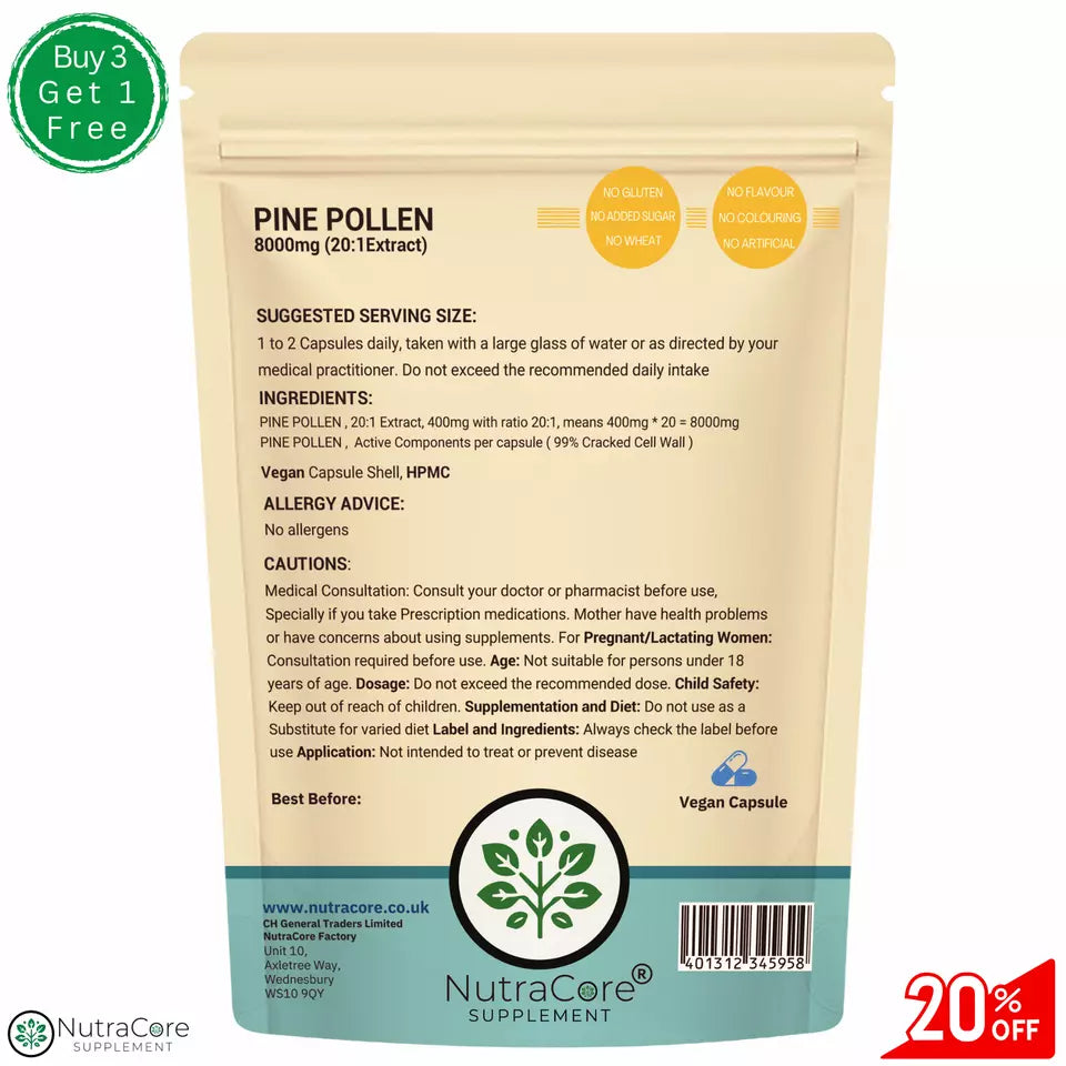 Pine Pollen Capsule, 8000mg-99% Cracked Cell -Testosterone Support & Sleep Aid
