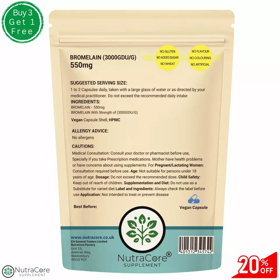 Bromelain Extract Capsule-High Strength - 550mg/Caps-Reducing Pain & Swelling