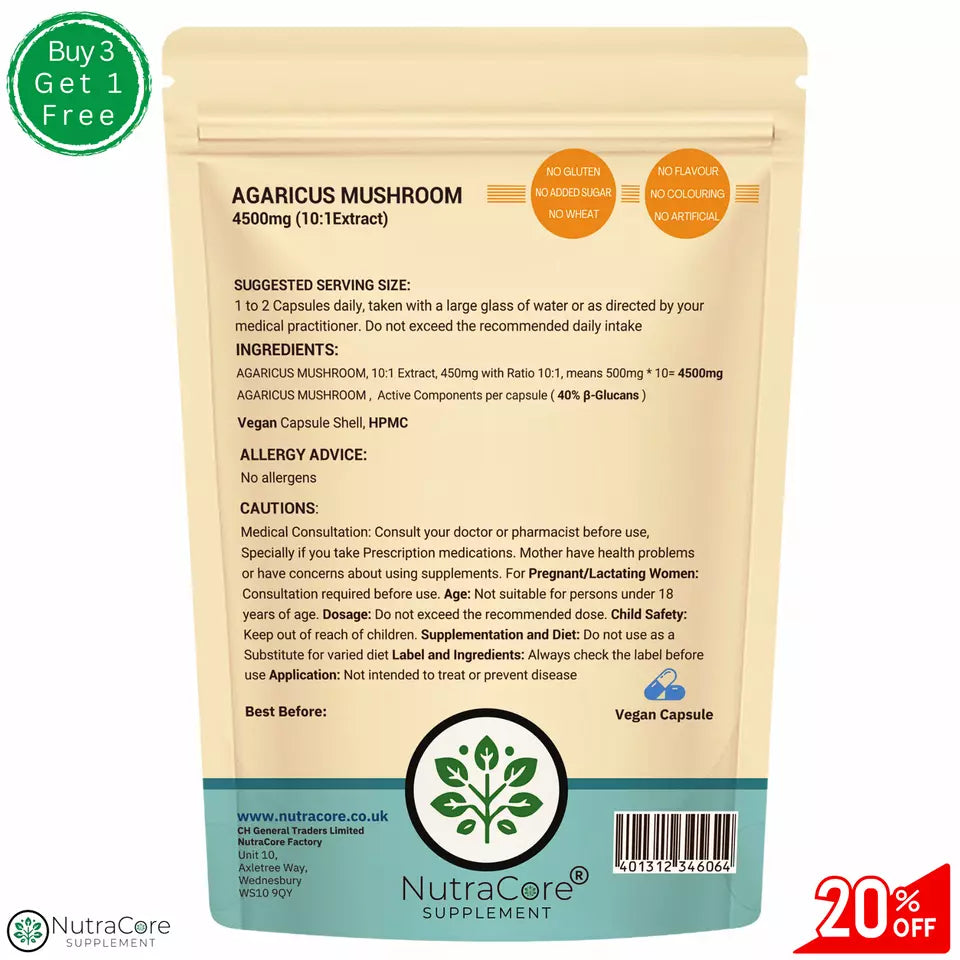 Agaricus Mushroom Extract Capsules 4500mg-40% Polysaccharides-Support Immunity