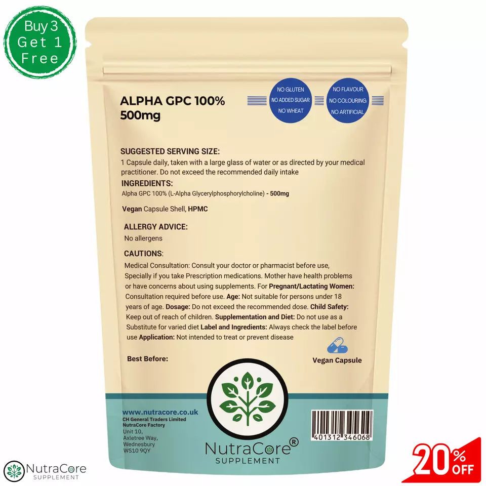 Alpha 100% GPC 500mg Capsules-Effective &Veg Caps -Cognitive & Athletes Support