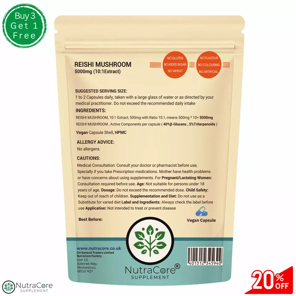 Reishi Mushroom 5000mg Capsules | 40% Beta Glucans | Vegan Formula