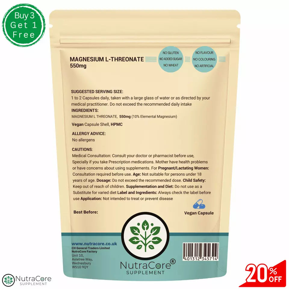 Magnesium L Threonate Capsules 550mg-Brain & Cognitive Support-Sleep &Stress Aid