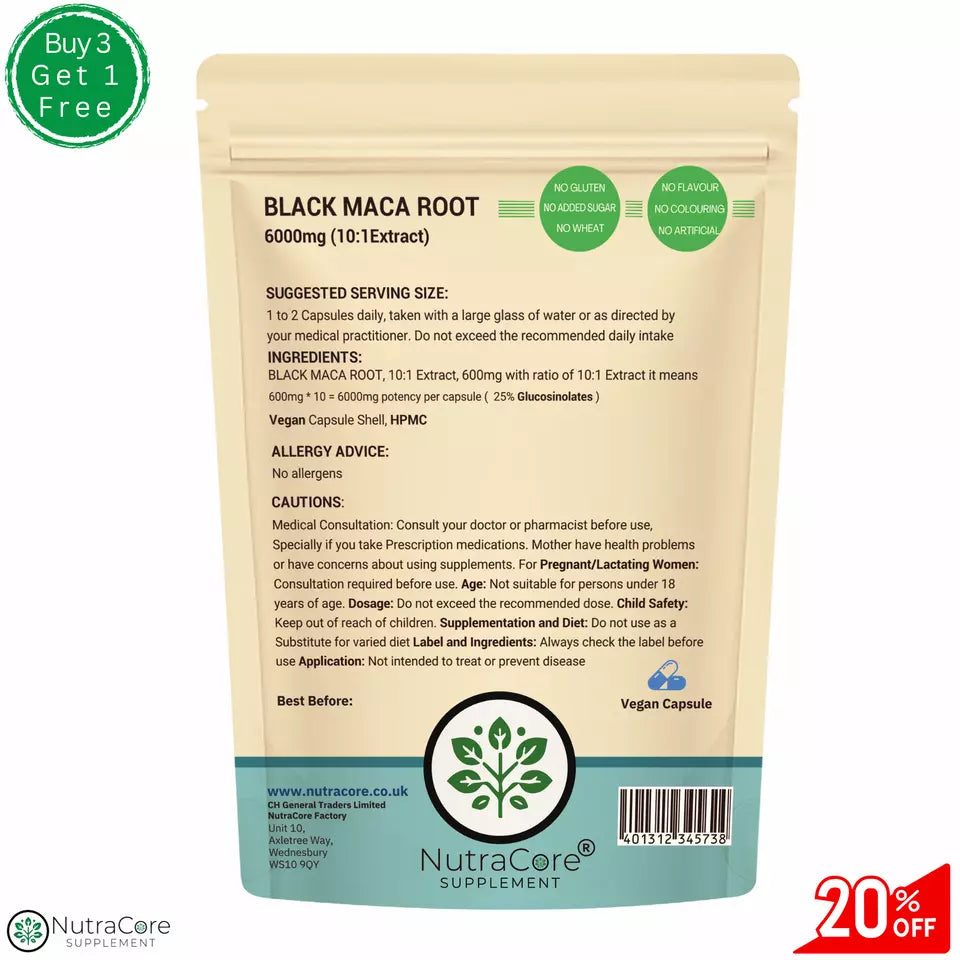 Black Maca Root Capsules, 6000mg-(25% Glusosinolates)-100% Natural & Vegan