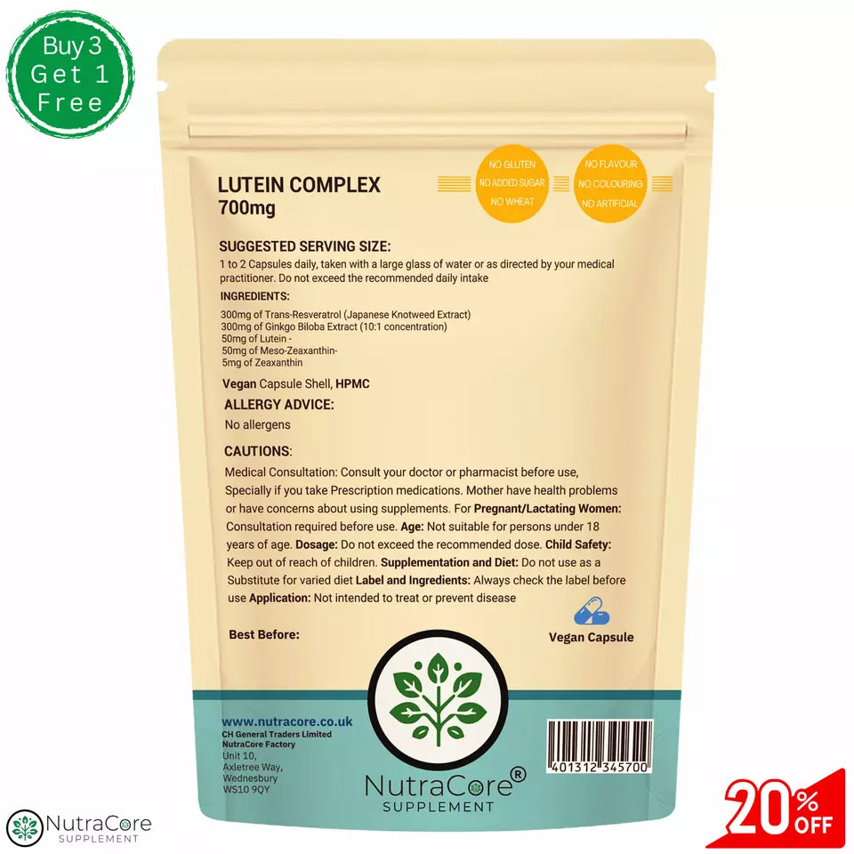 Lutein Complex 700mg Capsules-(Ginkgo Biloba, Resveratrol, Zeaxanthin)-Eye Care