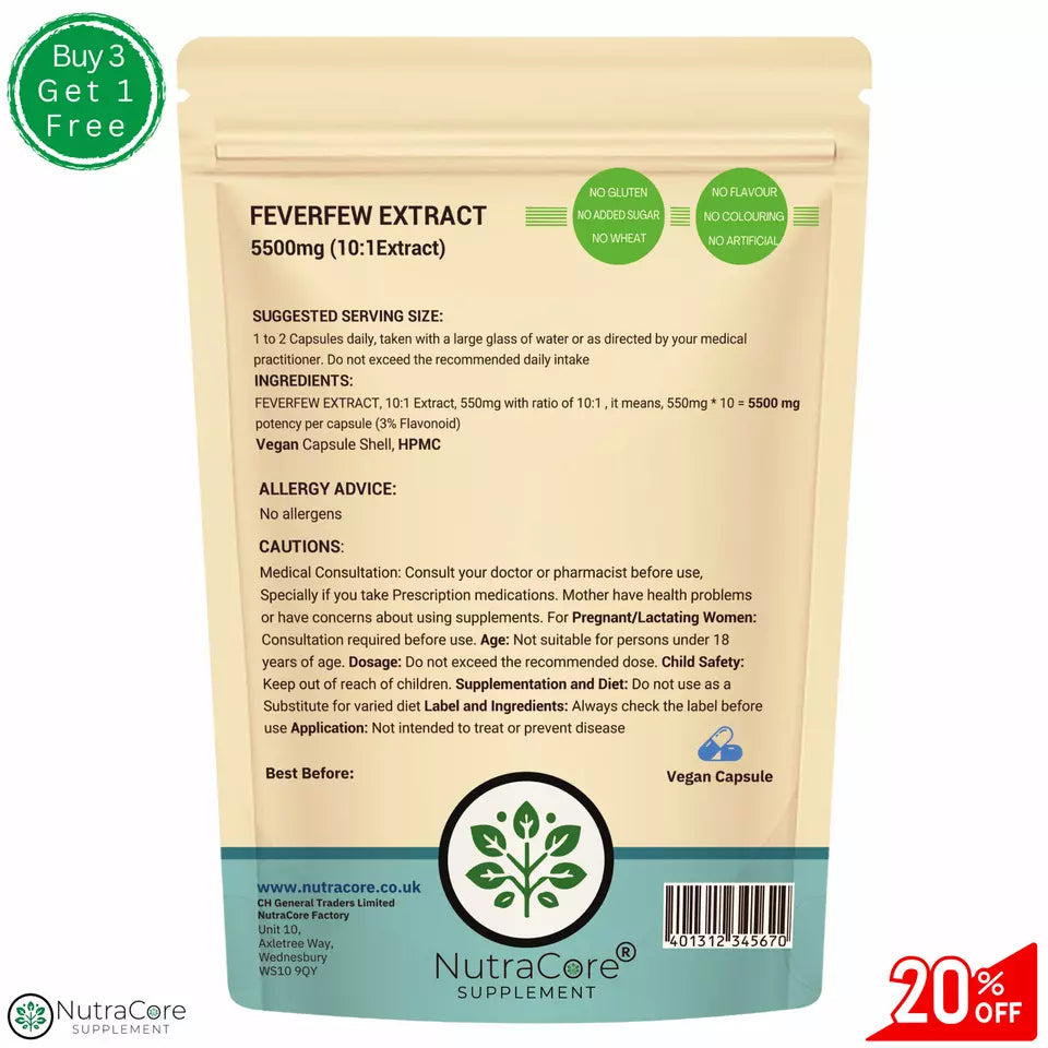 Feverfew Extract 5500mg Capsules- (3% Flavonoid)-Migraine Support-Vegan Caps