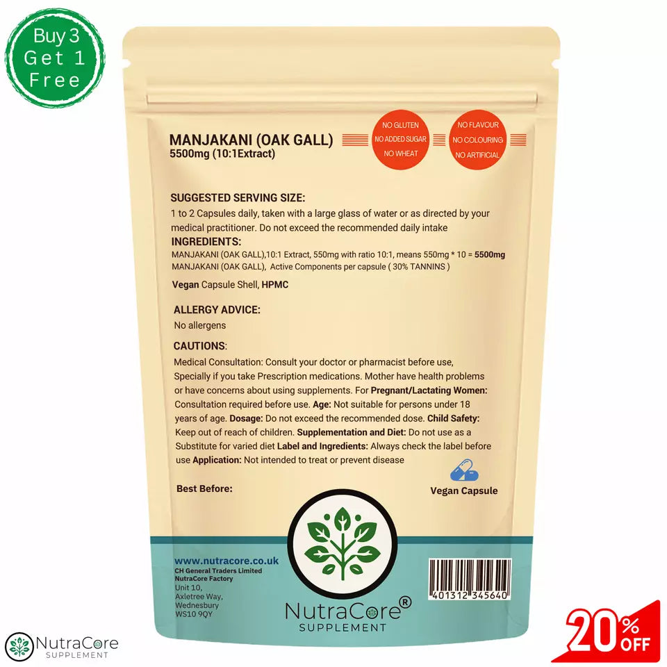 "Manjakani Oak Gall" Caps 5500mg-(30%Tannins)-Vaginal Tightening Tissue-Vegan