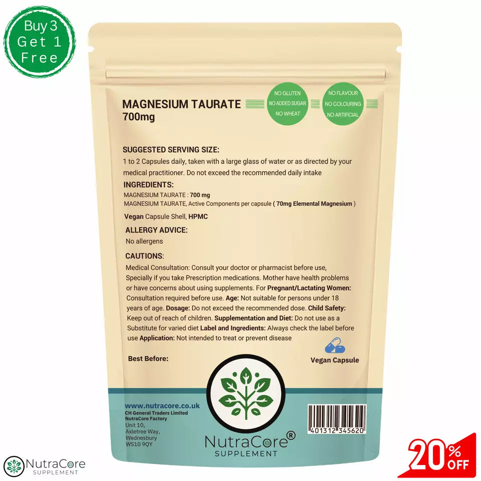 Magnesium Taurate Capsules 700mg (70mg Elemental Magnesium)-100% Vegan & Natural