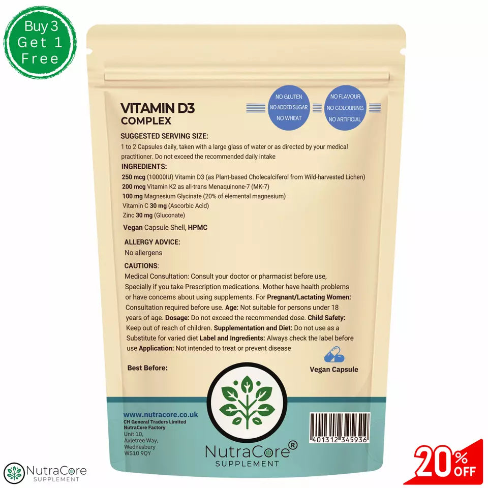 Vitamin D3 Complex,(Vit. K2 ,MK7, Vit. C, Mag. Glycinate, Zinc) Capsules, immune