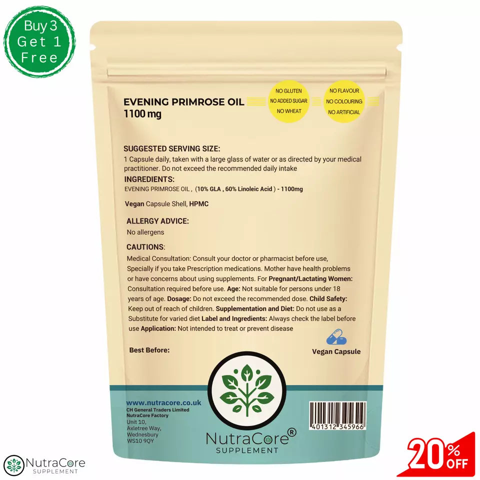 Evening Primrose Oil 1100mg (10% GLA, 60% Linoleic Acid )-Vegan & Natural