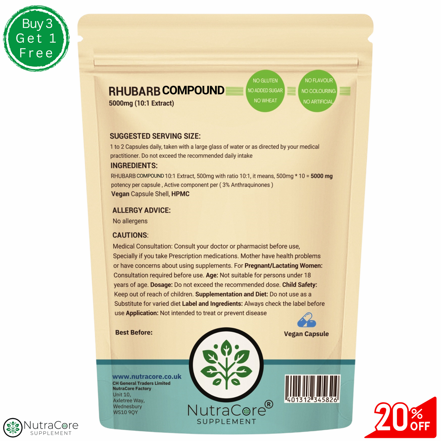 Rhubarb Compound Capsule 5000mg (3%Anthraquinones)-Weight Control, 100% Vegan