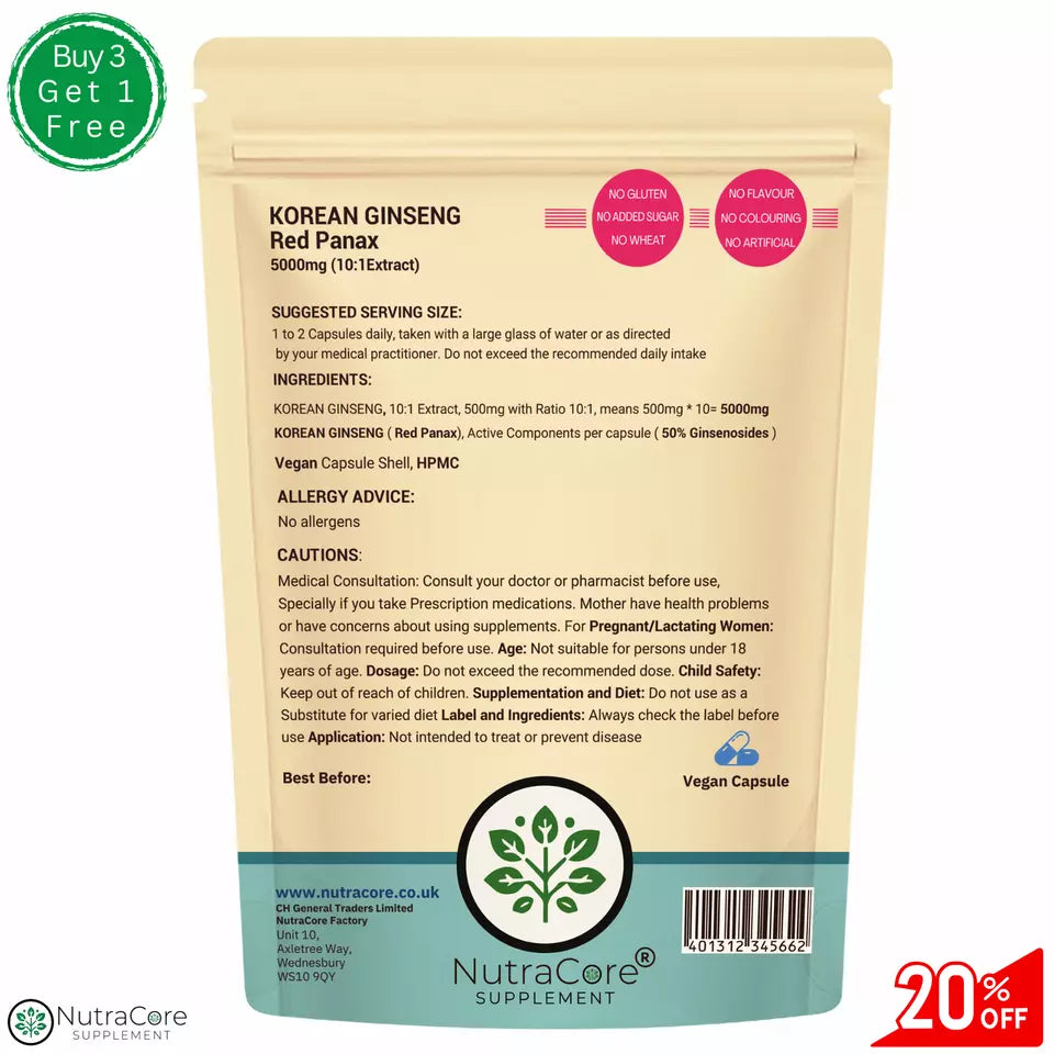 White Korean Ginseng Capsules 5000mg (50% Ginsenoside) Supporting Overall Health