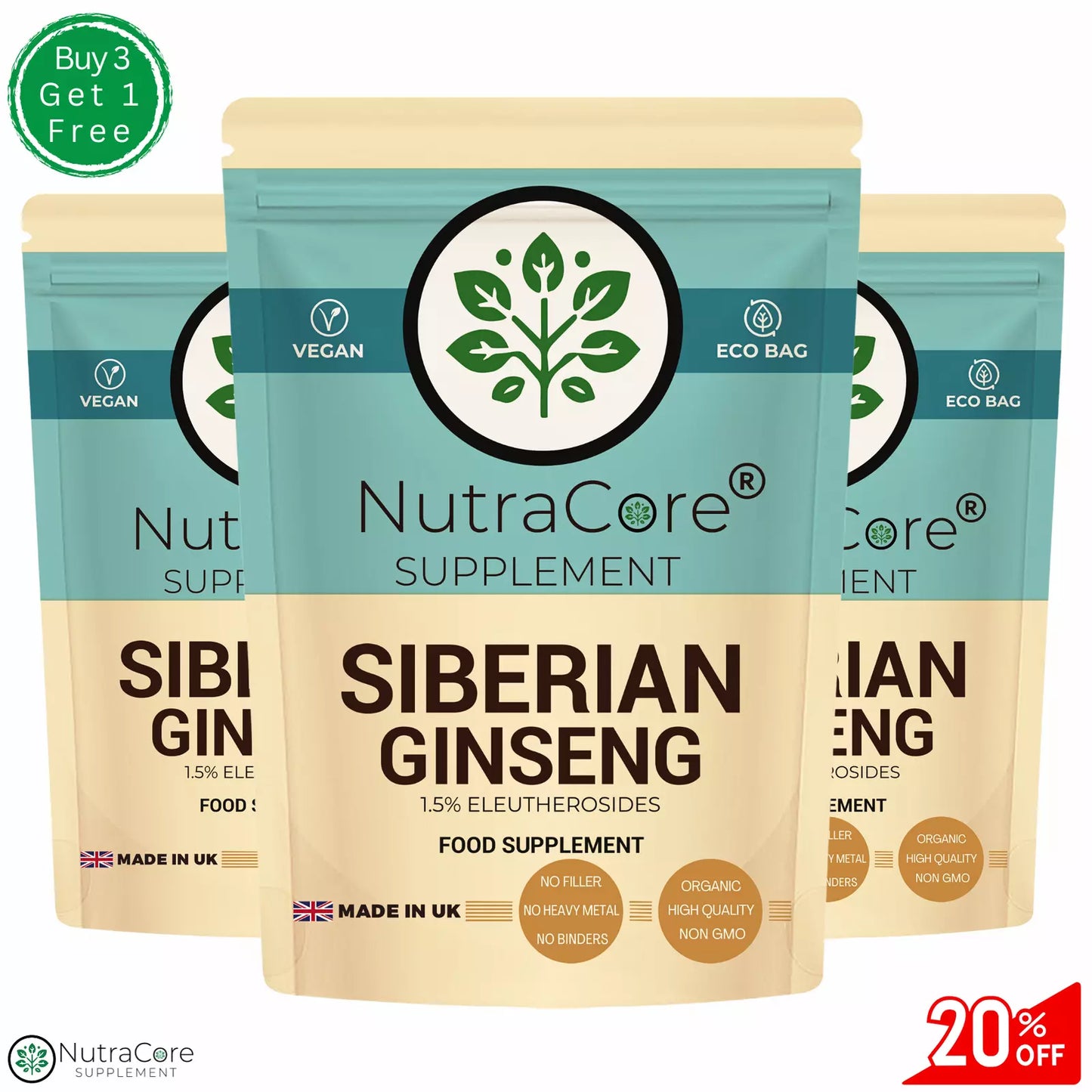 Siberian Ginseng Capsules 5500mg (1.5% Eleutherosides )-100% Natural & Vegan