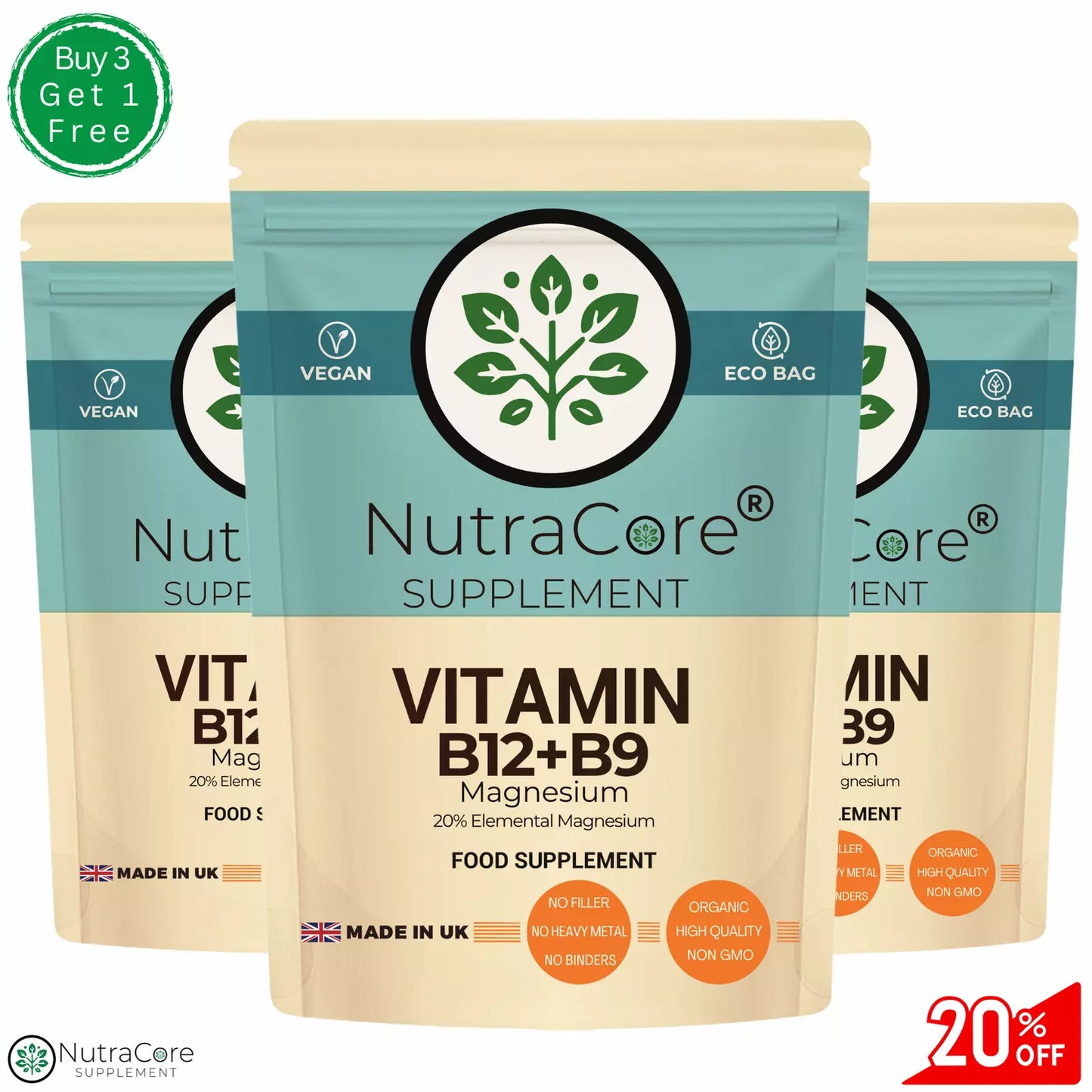 Folic Acid 400mcg+Vitamin B12 5000mcg Capsules-Tiredness & Fatigue-Vegan Caps
