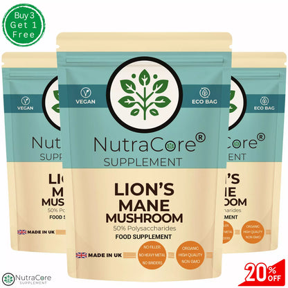 Organic Lions Mane Mushroom Capsules 5000mg (50% Polysaccharides)+(20% ß-Glucan)