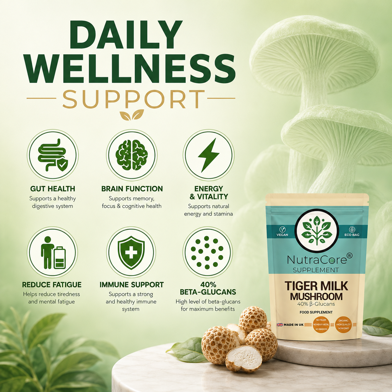 Tiger Milk Mushroom 5000mg Capsules-(40%B-Glucans)-100% Natural & Vegan Product