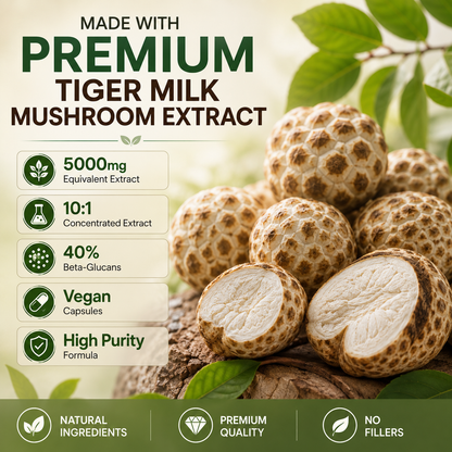 Tiger Milk Mushroom 5000mg Capsules-(40%B-Glucans)-100% Natural & Vegan Product