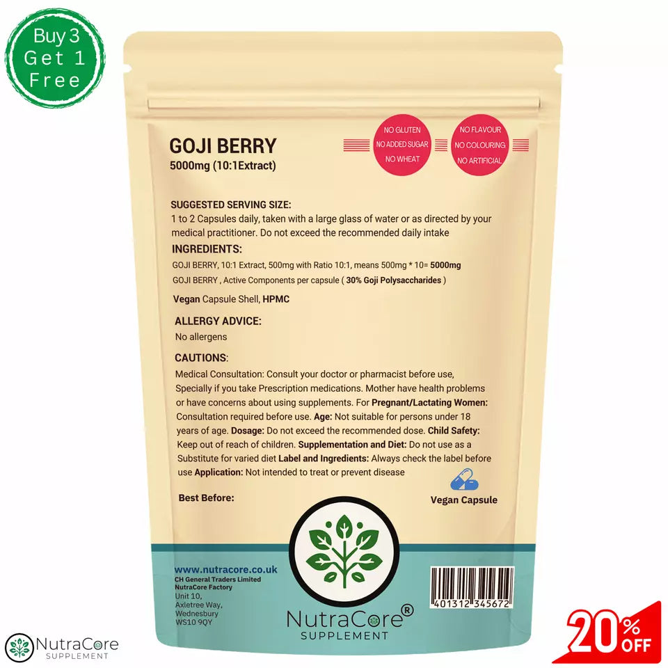 Goji Berry Extract 5000mg Vegan Capsules (30% Goji Polysaccharides) Antioxidant