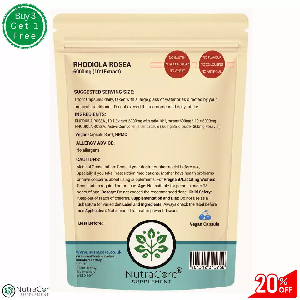 Rhodiola Rosea Capsule 6000mg-(10% Salidrosides , 5%Rosavin)-100% Natural &Vegan