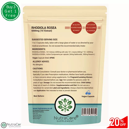 Rhodiola Rosea Capsule 6000mg-(10% Salidrosides , 5%Rosavin)-100% Natural &Vegan