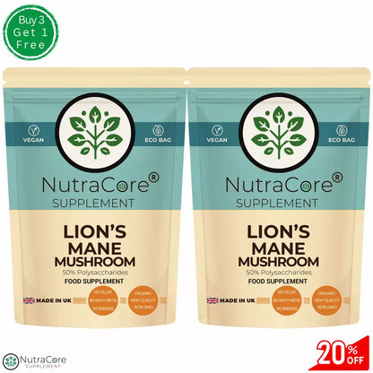 Organic Lions Mane Mushroom Capsules 5000mg (50% Polysaccharides)+(20% ß-Glucan)
