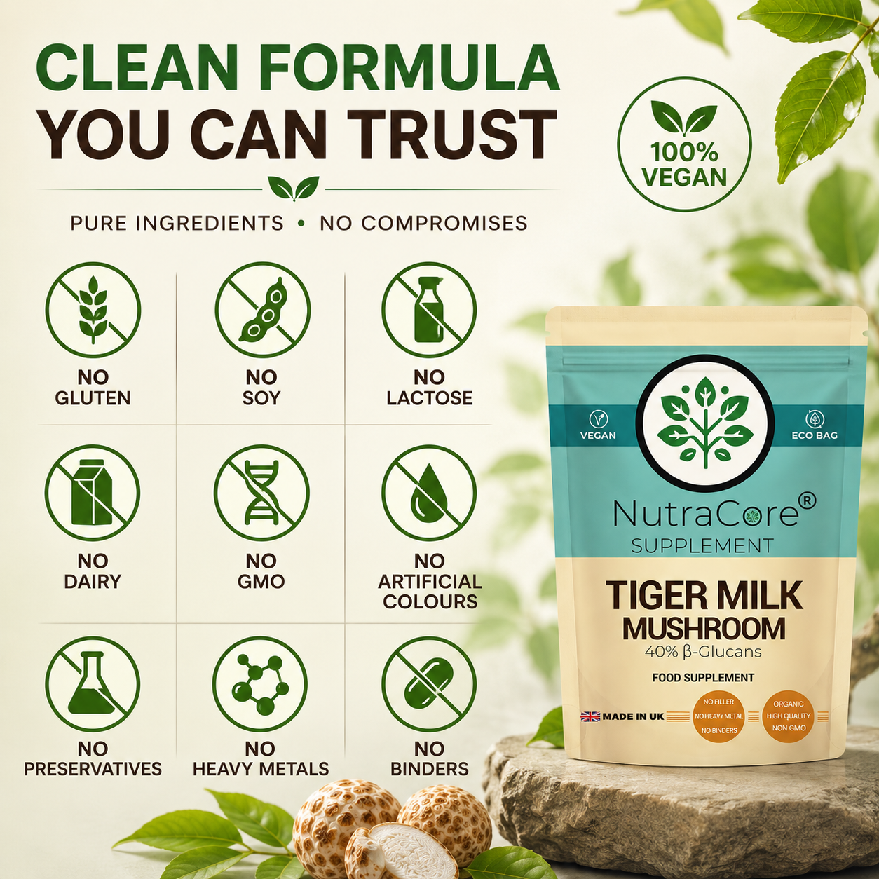 Tiger Milk Mushroom 5000mg Capsules-(40%B-Glucans)-100% Natural & Vegan Product