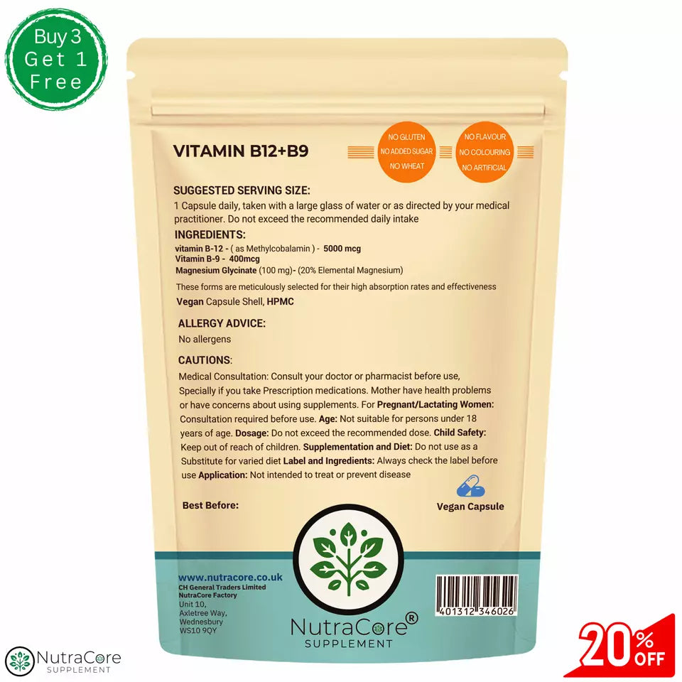 Folic Acid 400mcg+Vitamin B12 5000mcg Capsules-Tiredness & Fatigue-Vegan Caps