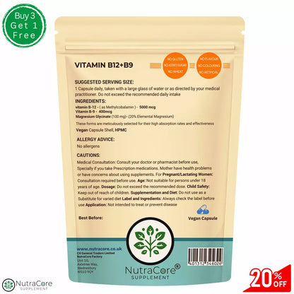 Folic Acid 400mcg+Vitamin B12 5000mcg Capsules-Tiredness & Fatigue-Vegan Caps