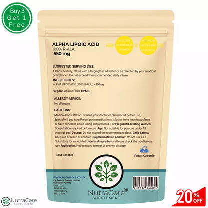Alpha Lipoic Acid 550mg Capsules 99% ALA Strongest, Antioxidant, 100% Natural