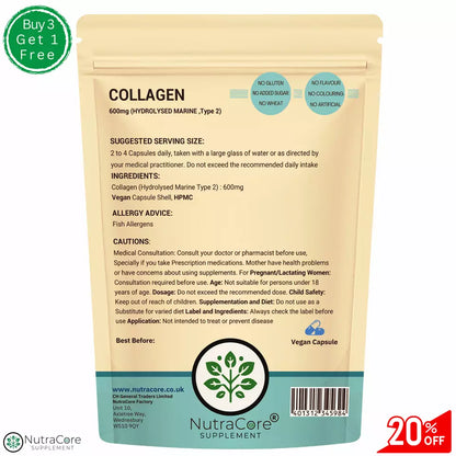 COLLAGEN Capsules 600mg-(HYDROLYSED MARINE Type 2)-Joint ,Bone & Arthritis-Vegan