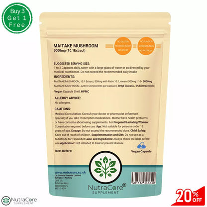 MAITAKE MUSHROOM 5000mg Caps (30% ß-Glucan, 5%Triterpenoids) Vegan & Effective