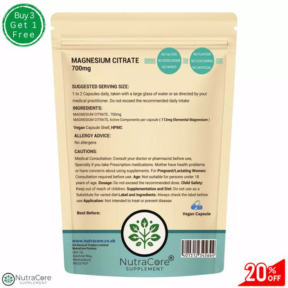 Magnesium Citrate Capsules, 700mg-High Strength- PMS , Muscle Support-Veg Caps