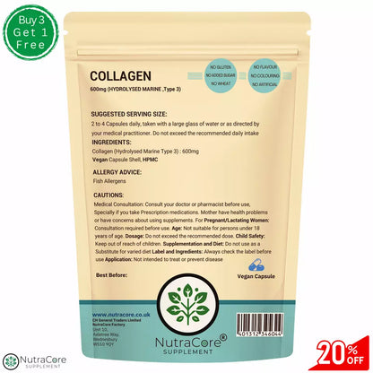 Collagen (Type 3) Capsules 600mg-Hydrolysed Marine-Joint Support&Skin Care-Strong