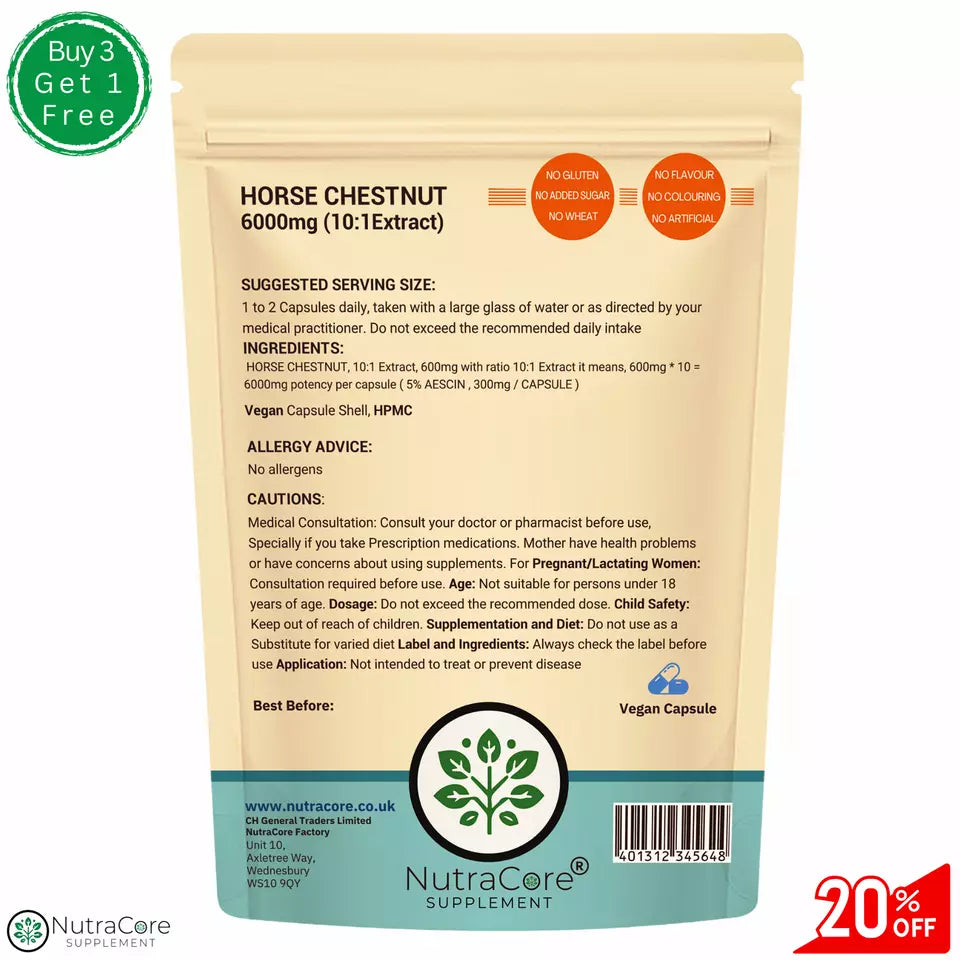 Horse Chestnut Extract Capsules 6000mg ( 300mg Aescin ) Anti-Inflammatory