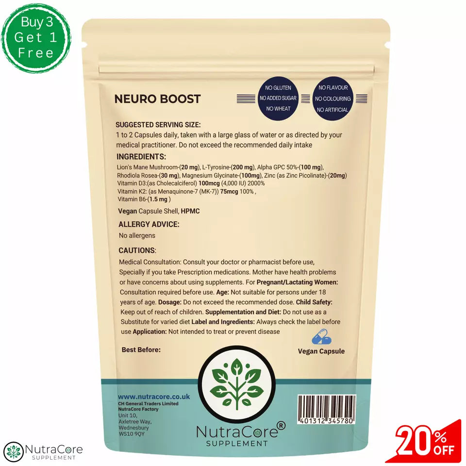 Neuro Boost Caps-500mg-Lions Mane, L-Tyrosine, Magnesium, Vitamin D3,B6,K2 MK7