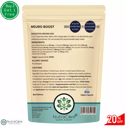 Neuro Boost Caps-500mg-Lions Mane, L-Tyrosine, Magnesium, Vitamin D3,B6,K2 MK7