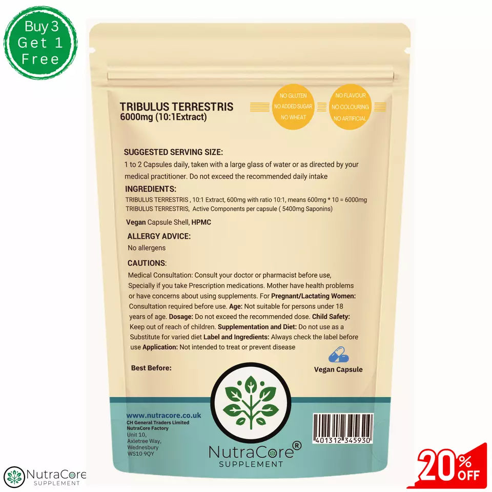 Tribulus Terrestris Capsule 6000mg-(98% Saponins)-100% Natural & Vegan