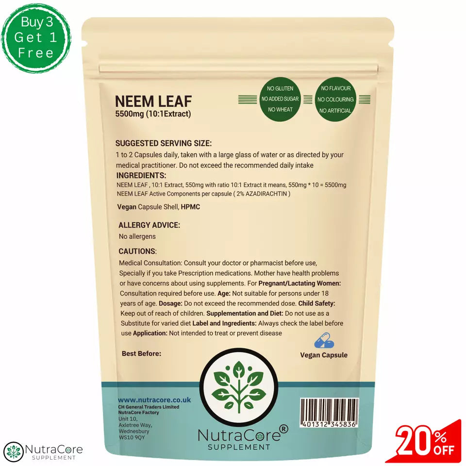 NEEM LEAF 5500mg Capsules, (2%Azadirachtin) 100% Organic-Detox Immune Support