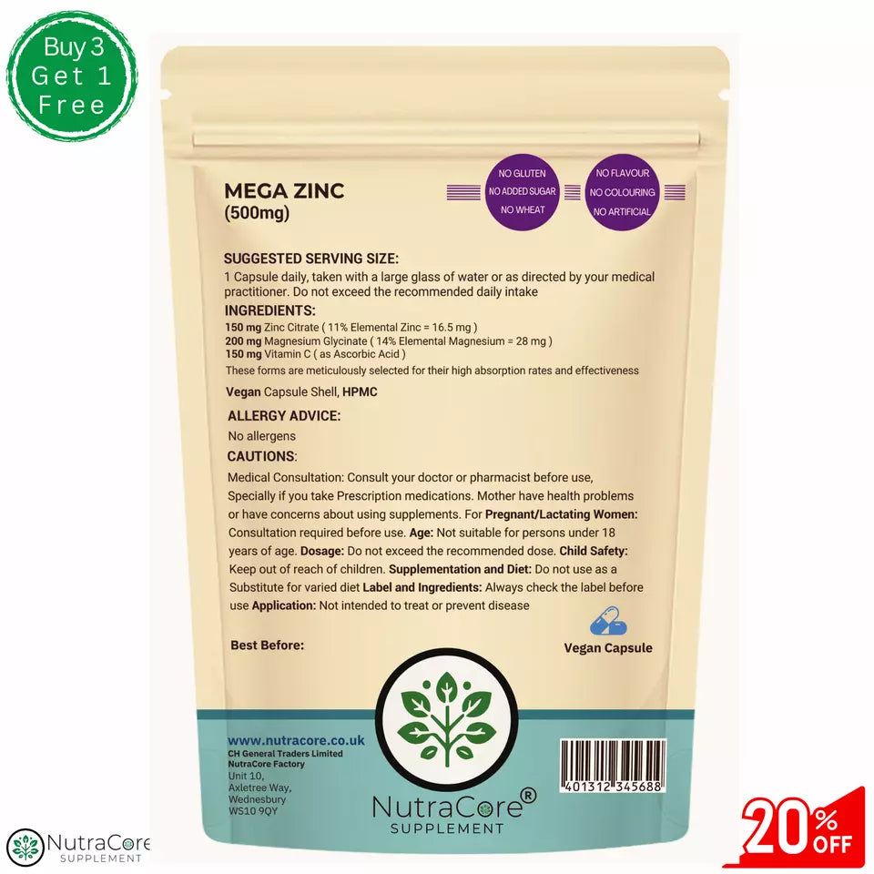Mega Zinc 500mg Capsules(Zinc, Magnesium, Vitamin C)-100%Vegan&Natural Products