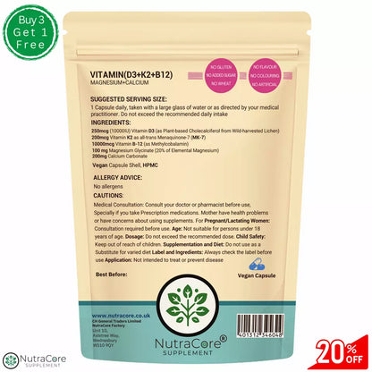 Vitamin D3 10000iu K2 B12 10000mcg(Calcium+Magnesium) Capsule-Vegan Vit. D3 K2