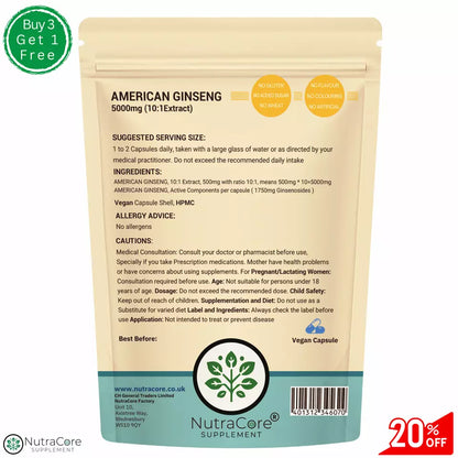 American Ginseng Capsules 5000mg (35% Ginsenosides) Natural Veg Capsules