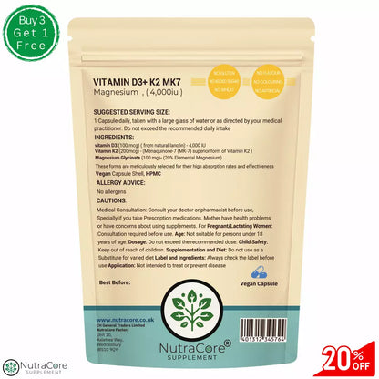 Vitamin D3 4000IU+K2 MK7 200mcg Caps(20%Elemental Magnesium)-Natural Vitamin D3