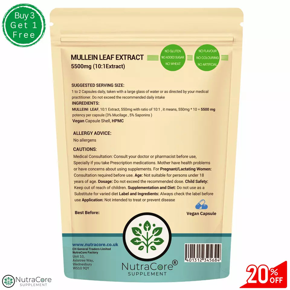 Mullein Leaf Capsules 5500mg High Strength Clean Natural Supplement Vegan Health