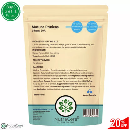 Mucuna Pruriens Capsules 600mg-( 99% L-Dopa )-Natural, Strong, Vegan Supplements